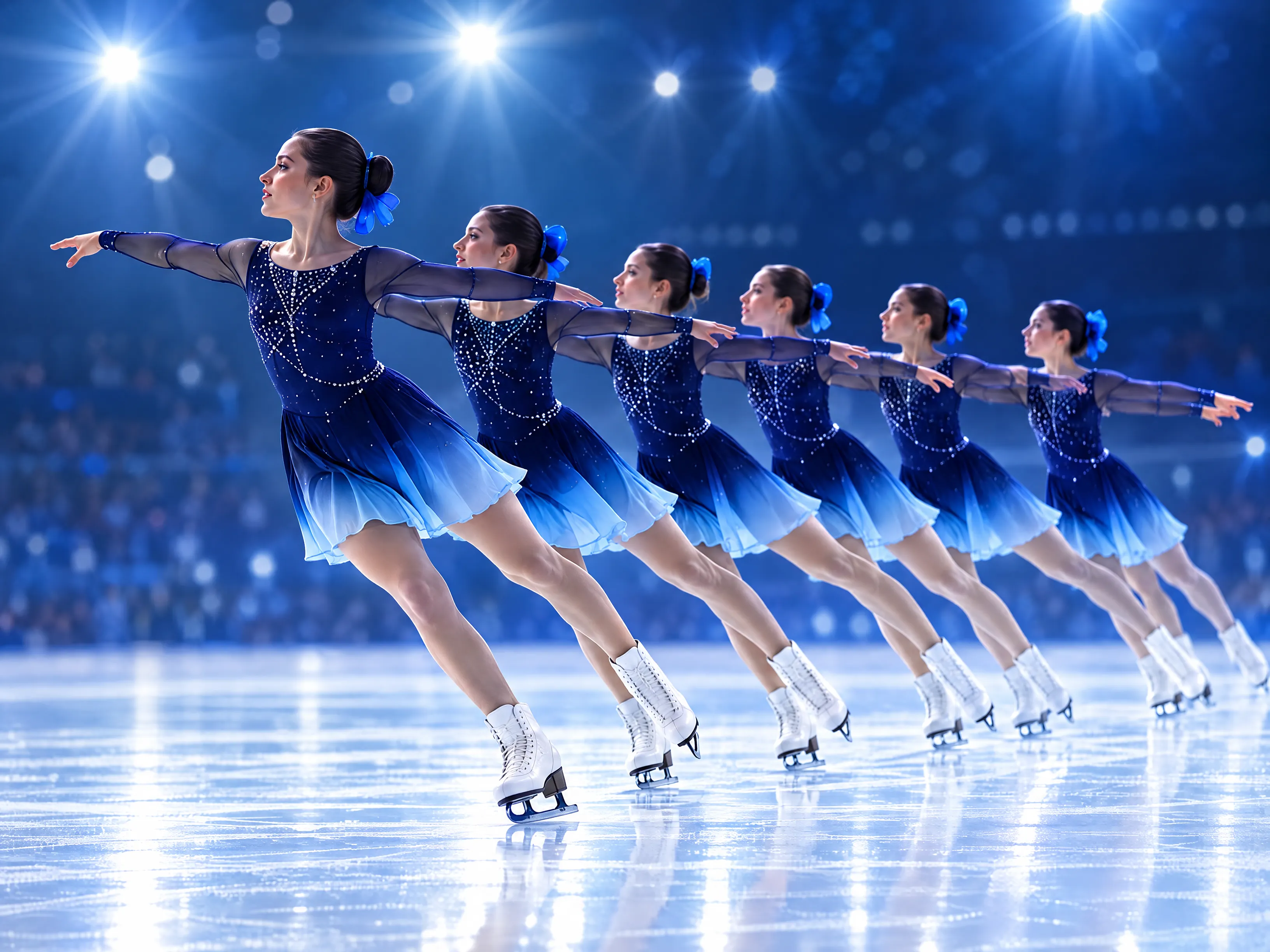 Six synchronised skaters in navy and blue dresses gliding across the ice in a line
